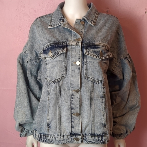 Nasty Gal Acid Wash Volume Sleeve Denim Jean Jacket size 10 - Picture 1 of 5